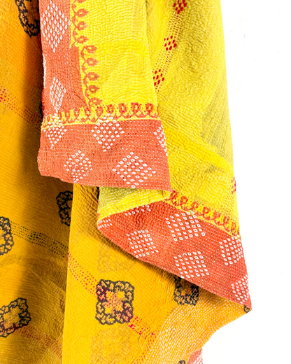 Large Embroidered Vintage Kantha Quilt in Yellow and Orange