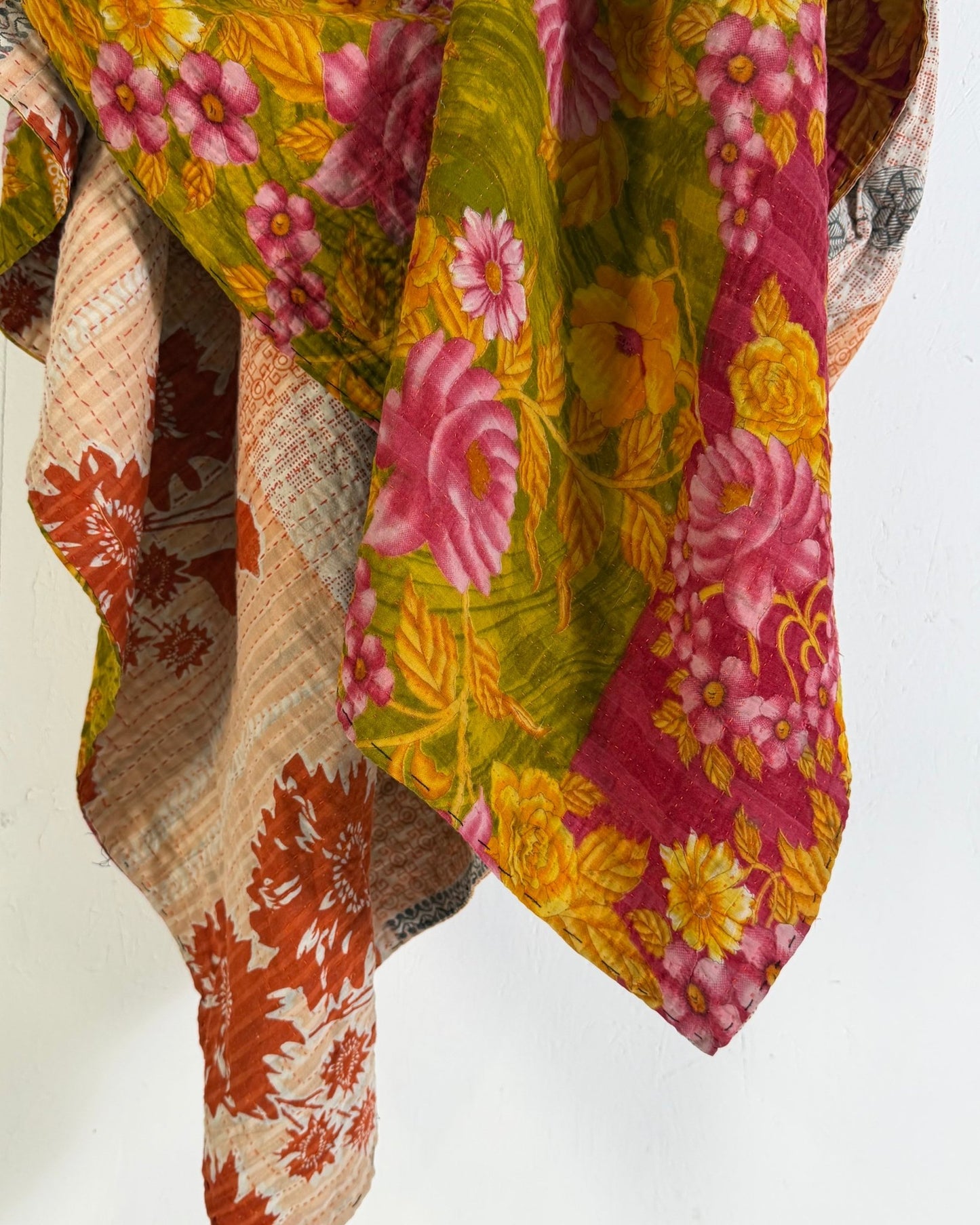 Large Fine Stitched Vintage Kantha Quilt in Bold Pink and Yellow Floral - Biggs & Hill