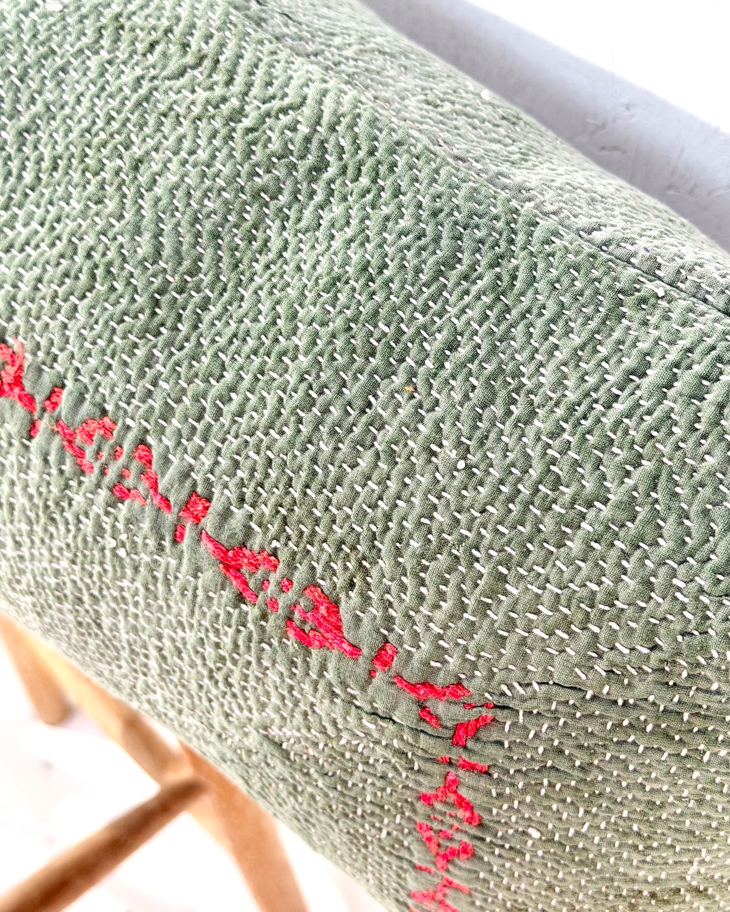 Vintage Kantha Bolster Cushion Cover In Green with Orange Embroidery - 100cm