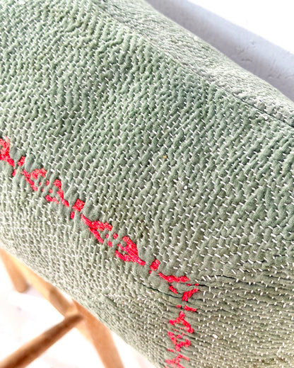 Vintage Kantha Bolster Cushion Cover In Green with Orange Embroidery - 100cm