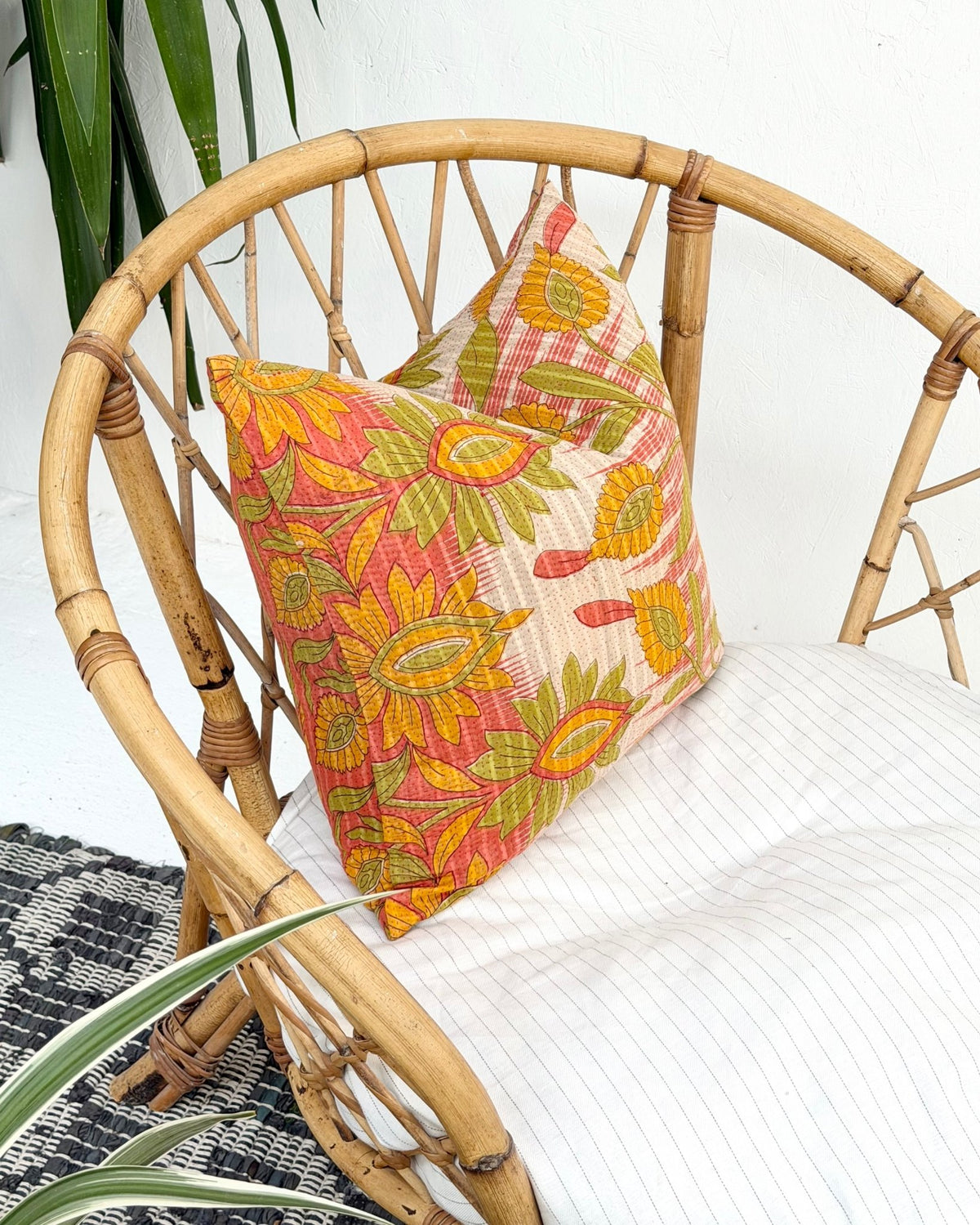 Handmade Vintage Kantha Cushion Cover In Retro Floral - 45cm (18") - Biggs & Hill