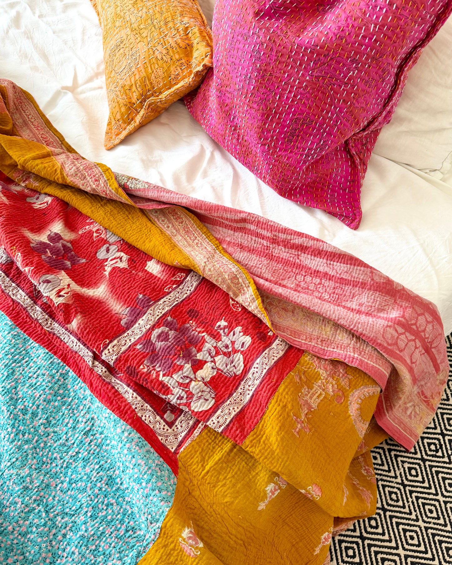 Extra Large Large Fine Stitched Vintage Kantha Quilt in Vibrant Pink, Turquoise, Mustard and Red