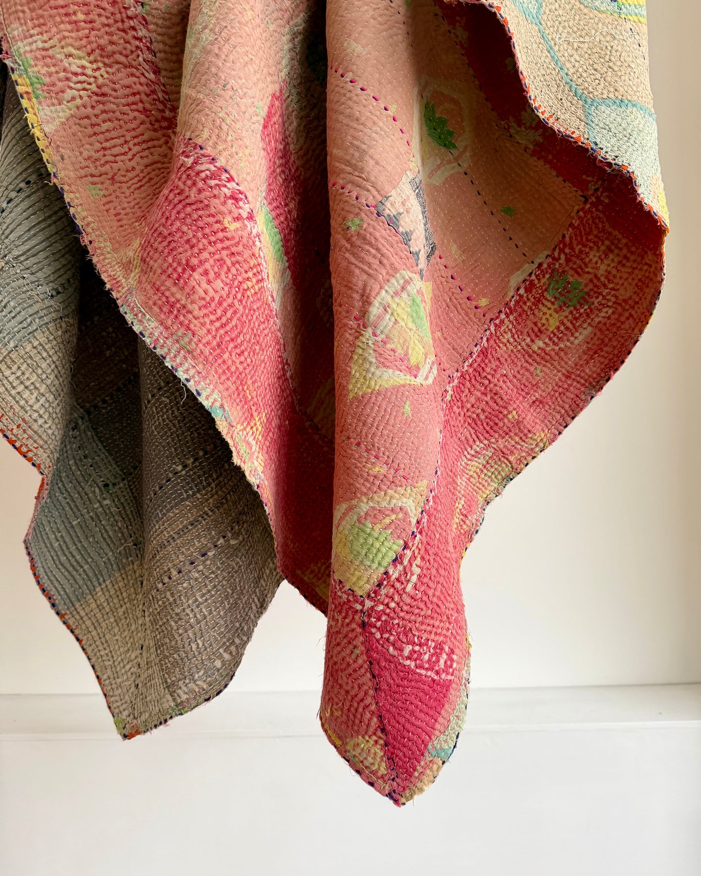 Vintage Kantha Quilt in Pink, Orange and Blue