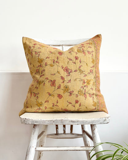 Vintage Kantha Cushion With Yellow Flowers - 45cm Square