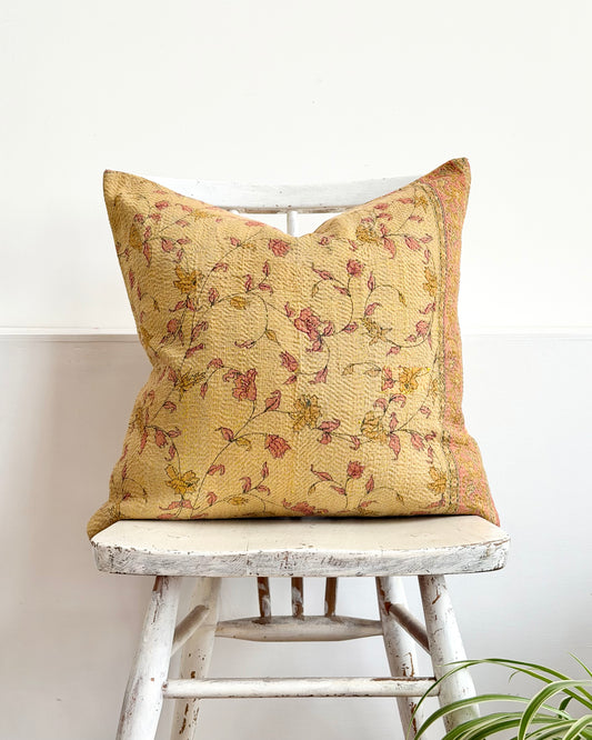 Vintage Kantha Cushion With Yellow Flowers - 45cm Square