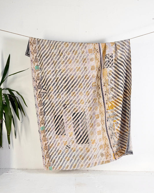 Textured Vintage Kantha Quilt in Pastel Floral with Grey Stripes