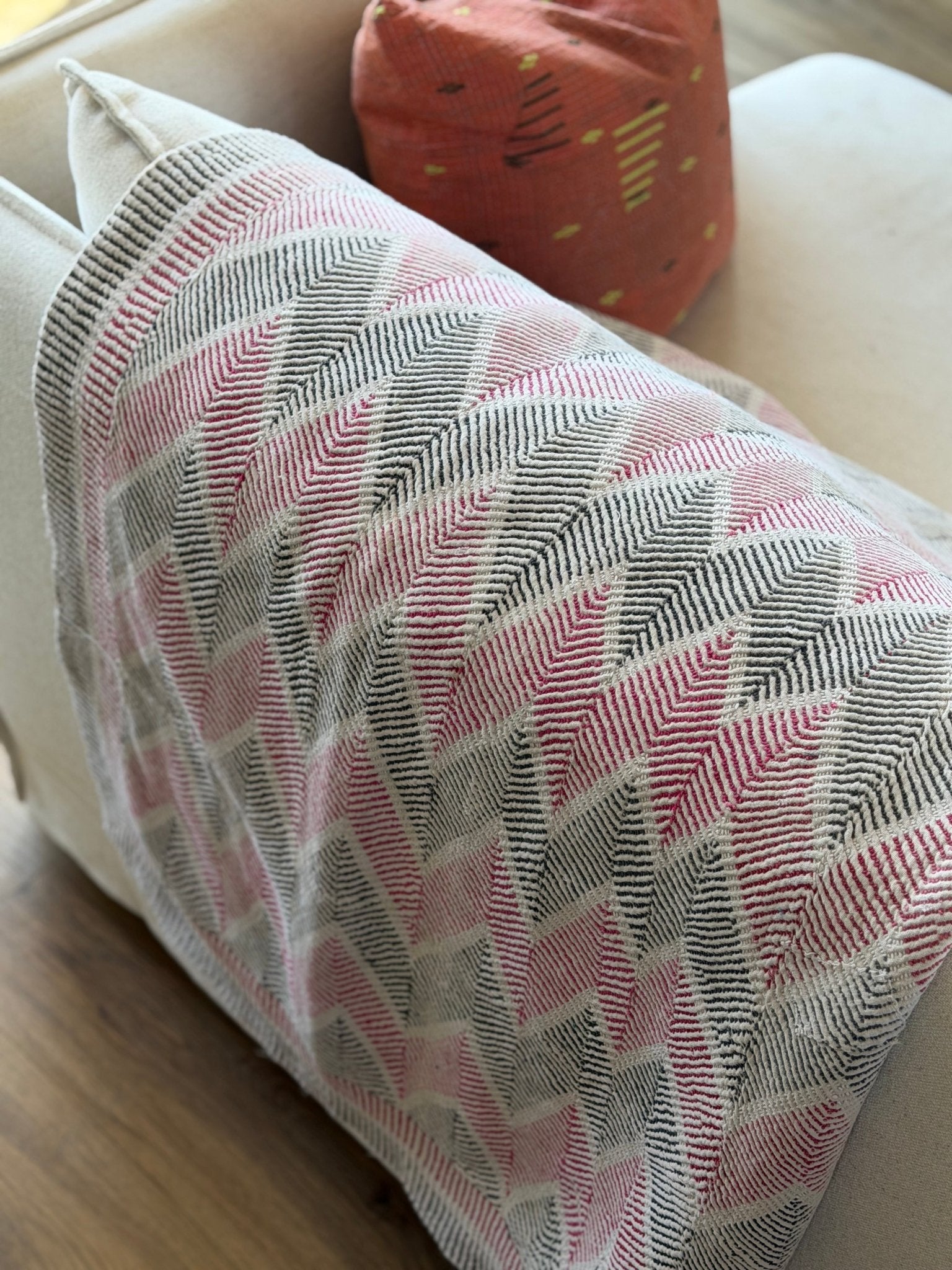 Heavy Vintage Lohori Kantha Quilt in Pink and Black Zig Zags - Biggs & Hill