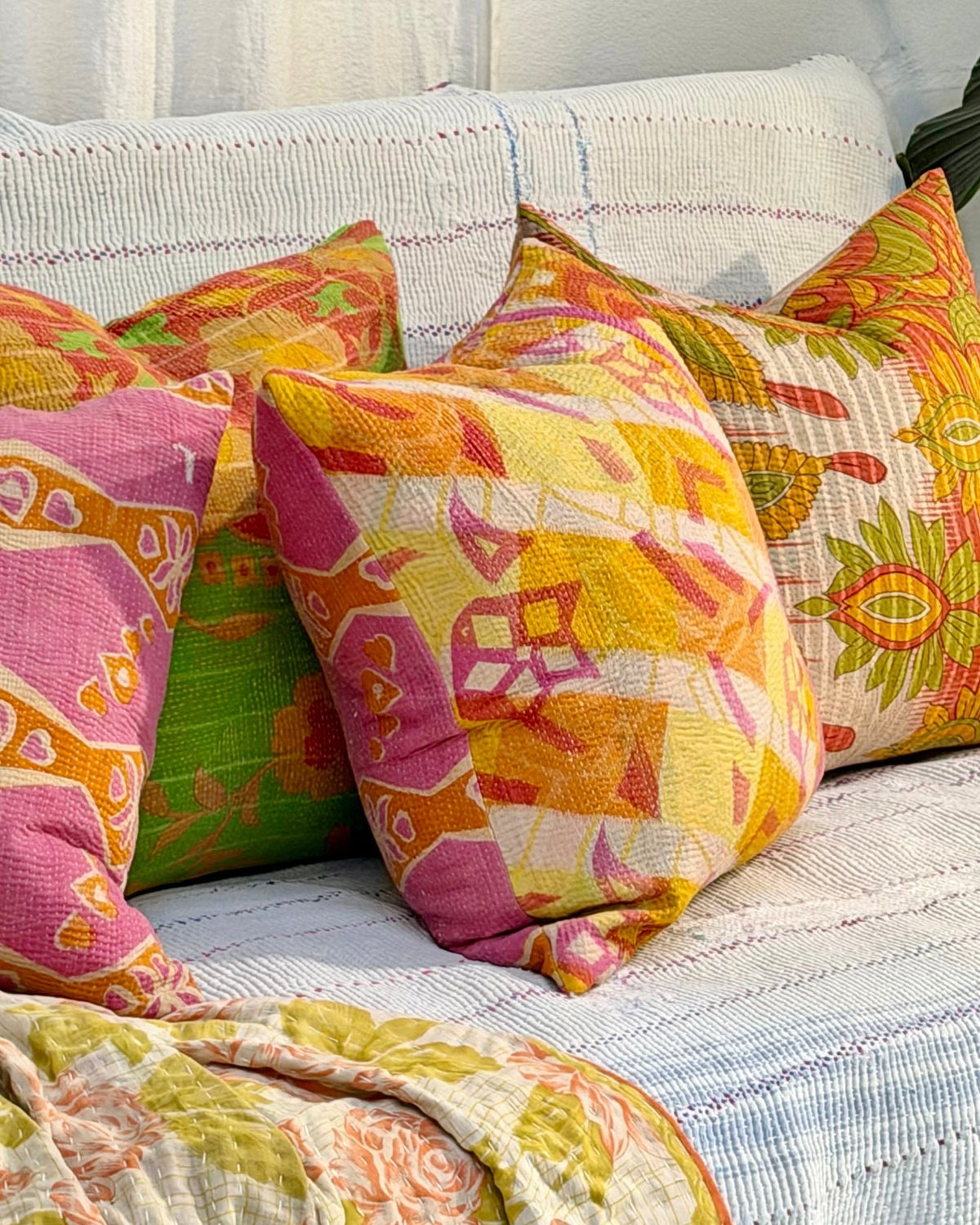 Handmade Reversible Vintage Kantha Cushion Cover In Pink and Yellow - 45cm (18") - Biggs & Hill