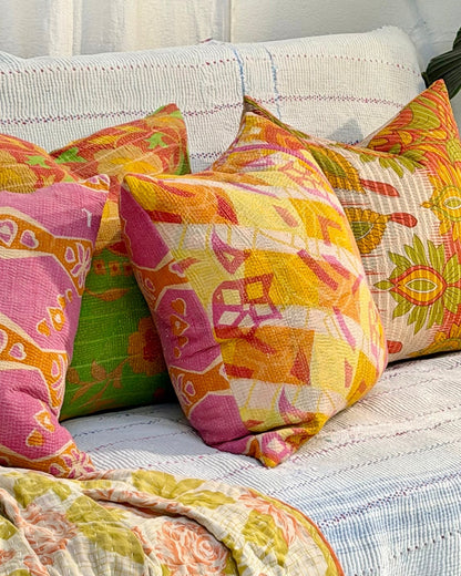 Handmade Reversible Vintage Kantha Cushion Cover In Pink and Yellow - 45cm (18") - Biggs & Hill