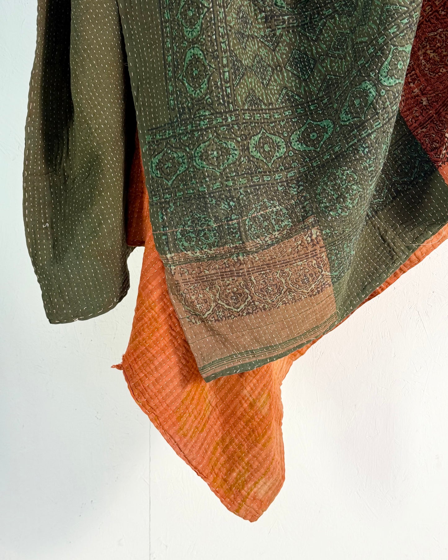 Project Kantha Quilt: Green and Orange with Ajrakh Print