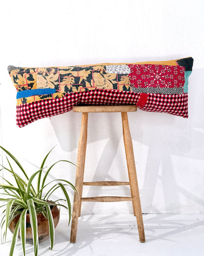Vintage Kantha Bolster Cushion Cover In Patchwork Red and Pink - 100cm