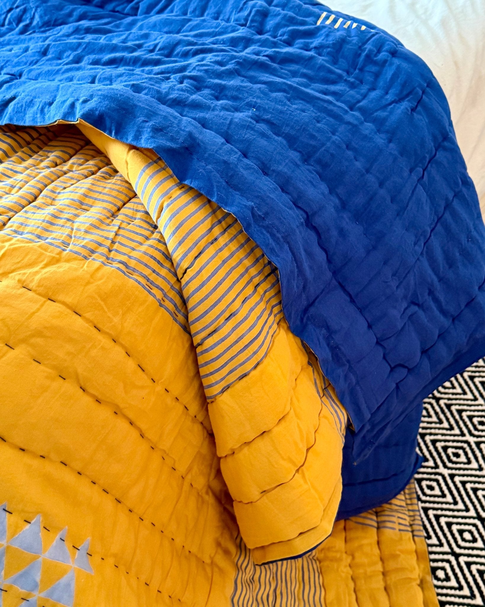 Quilted Kantha In Blue and Yellow With Geometric Patterns - SUPER KING - Biggs & Hill