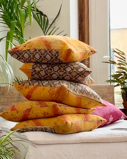 Vintage Kantha Cushion In Yellow and Blue - 45cm Square