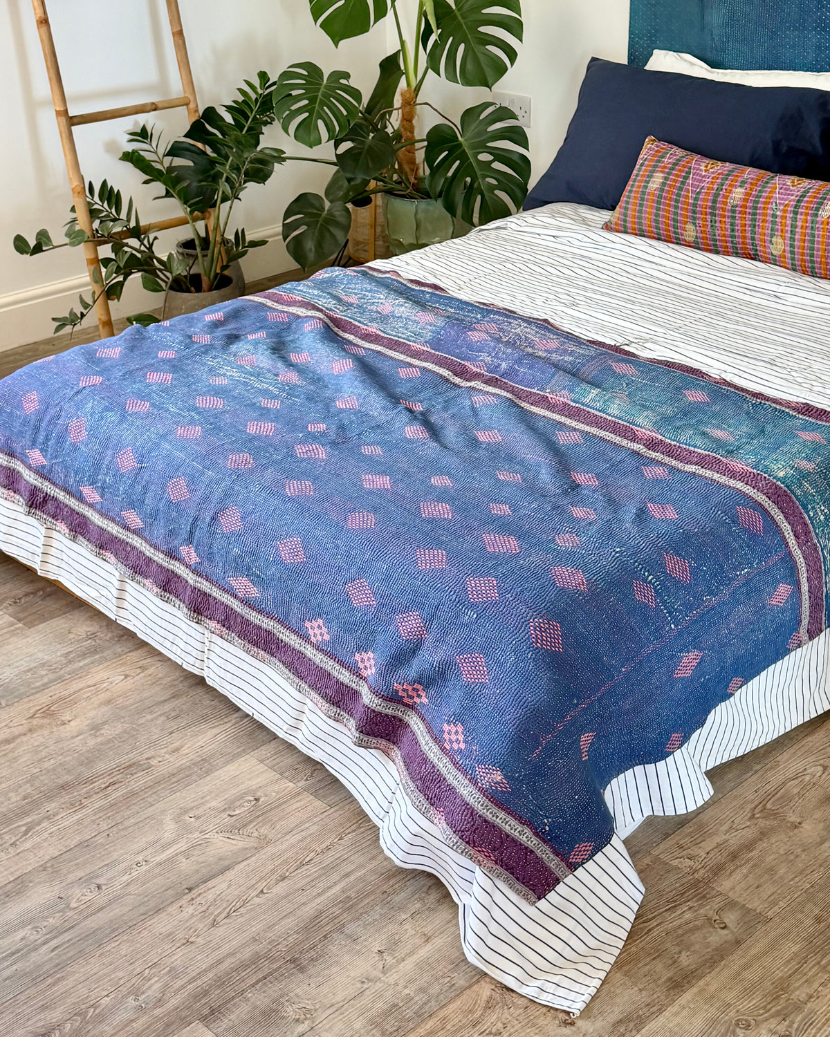 Heavy Fine Stitched Embroidered Vintage Kantha Quilt in Blue and Pink