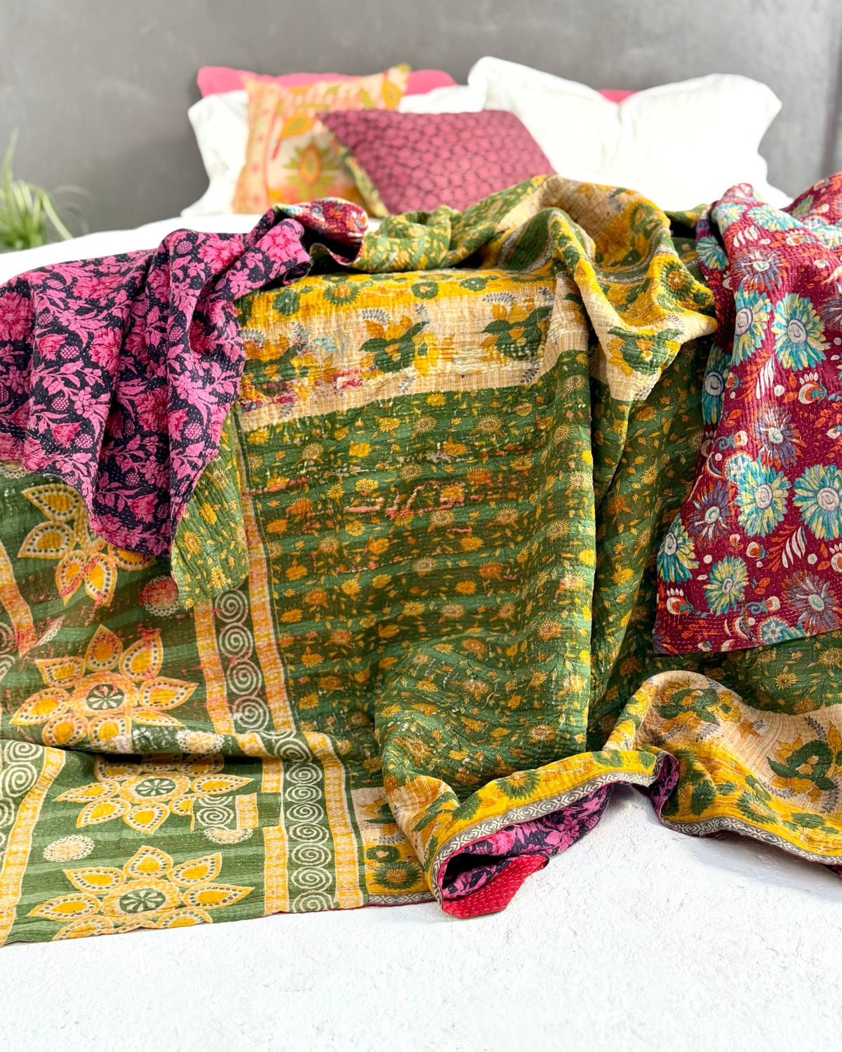 Large Fine Stitched Vintage Kantha Quilt in Bright Pink and Green - Biggs & Hill