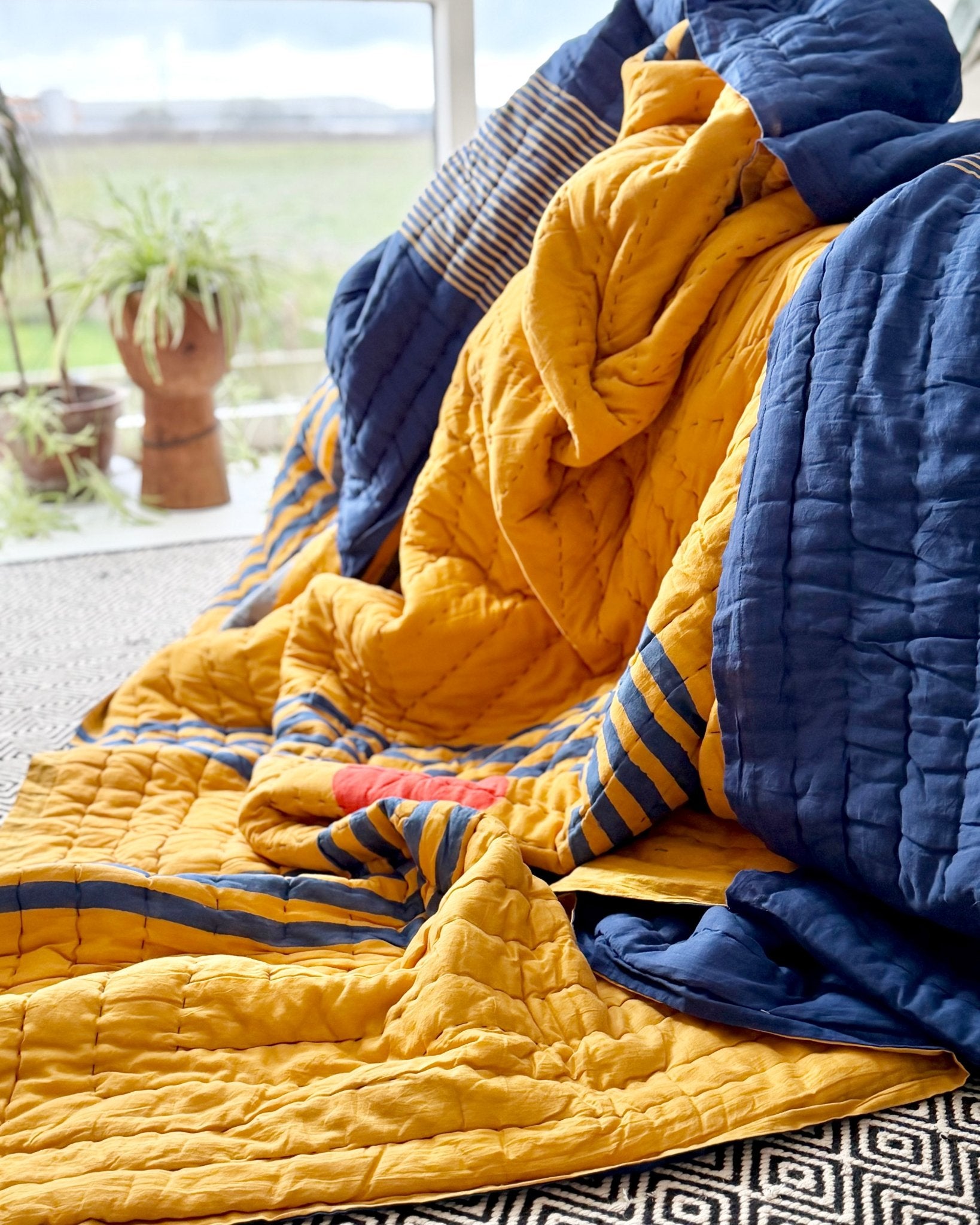 Quilted Kantha In Blue and Yellow With Geometric Patterns - SUPER KING - Biggs & Hill
