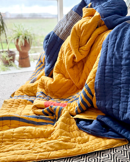 Quilted Kantha In Blue and Yellow With Geometric Patterns - SUPER KING - Biggs & Hill