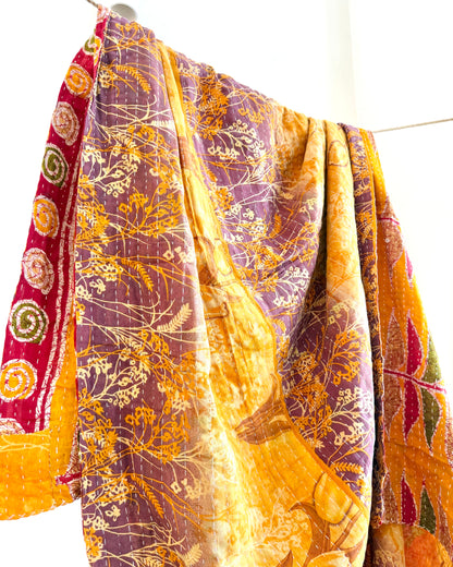 Vintage Cotton Kantha Quilt In Yellow And Lilac #35