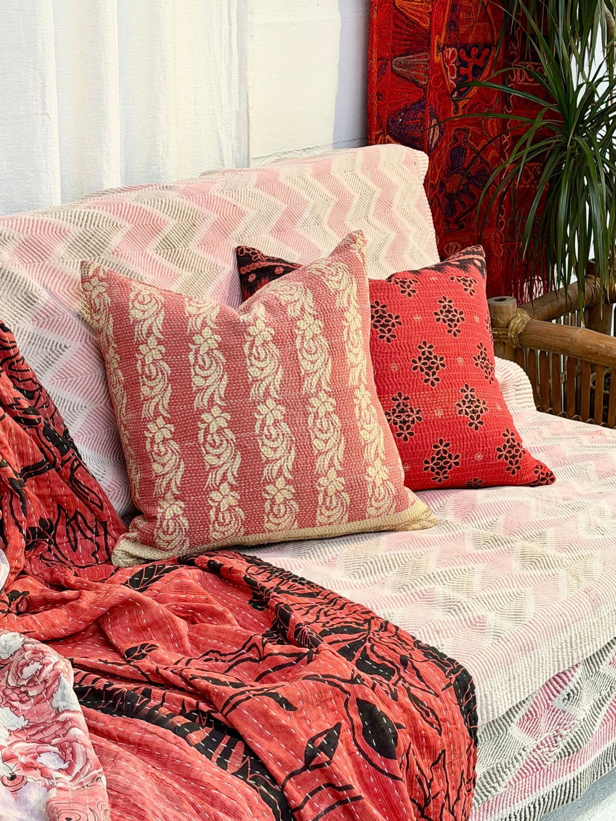 Handmade Vintage Kantha Cushion Cover In Pink and Beige - 45cm (18") - Biggs & Hill