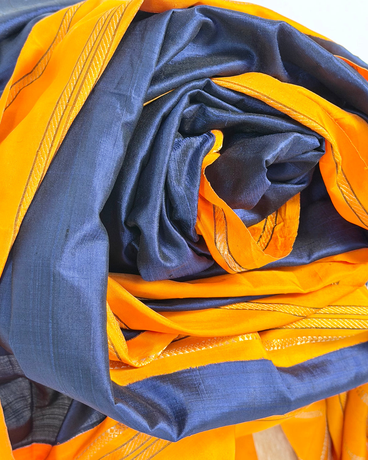 Preloved Silk Sari Length In Deep Blue and Orange 03