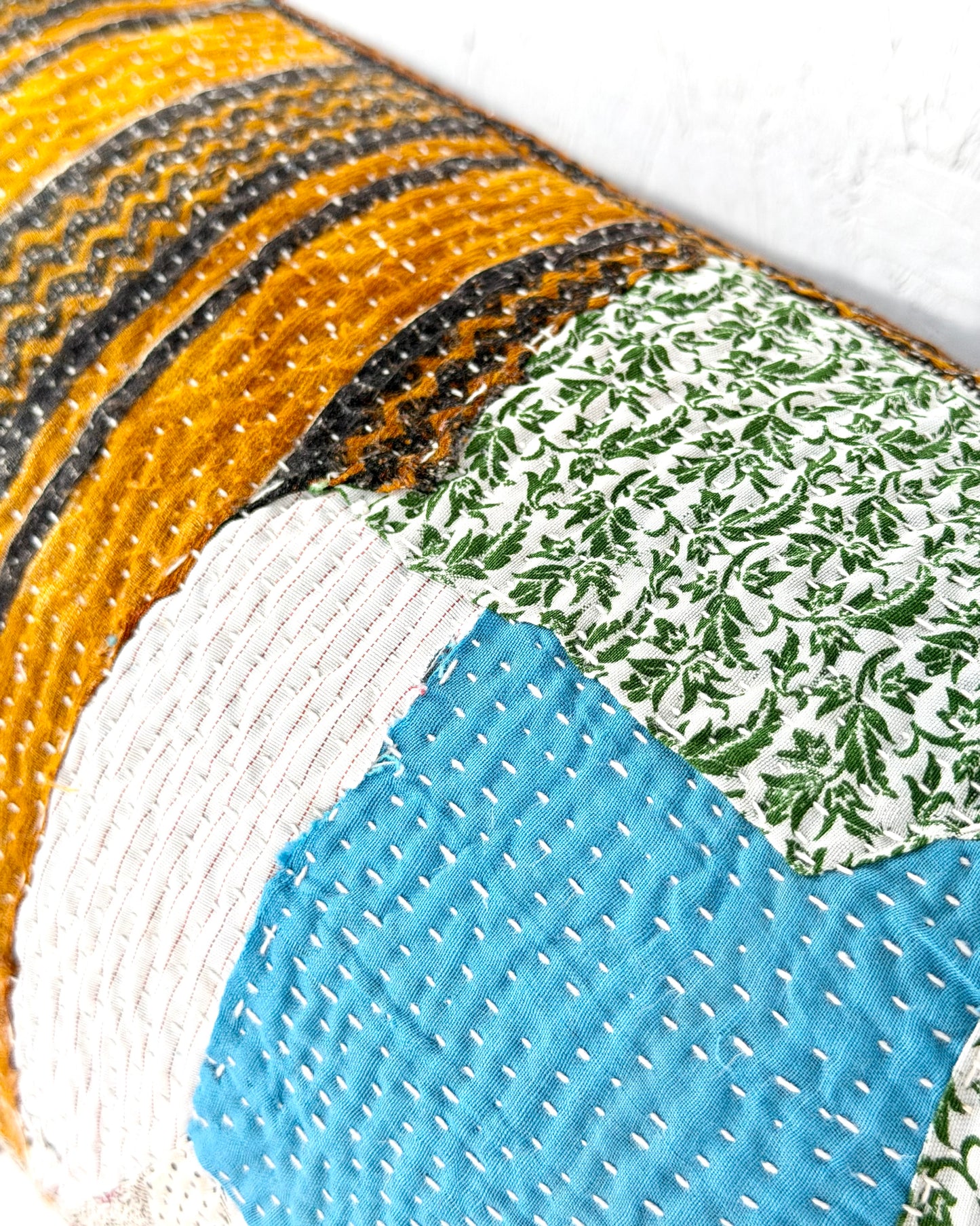 Vintage Kantha Bolster Cushion Cover In Patchwork Orange, Blue and White - 100cm