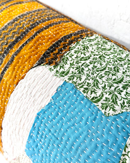 Vintage Kantha Bolster Cushion Cover In Patchwork Orange, Blue and White - 100cm