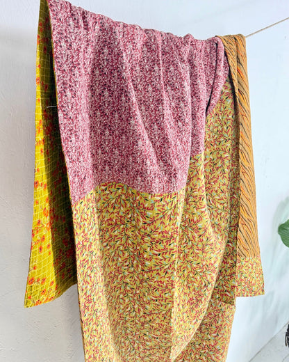 Fine Stitched Vintage Kantha Quilt in Pink, Yellow and Mustard - Biggs & Hill