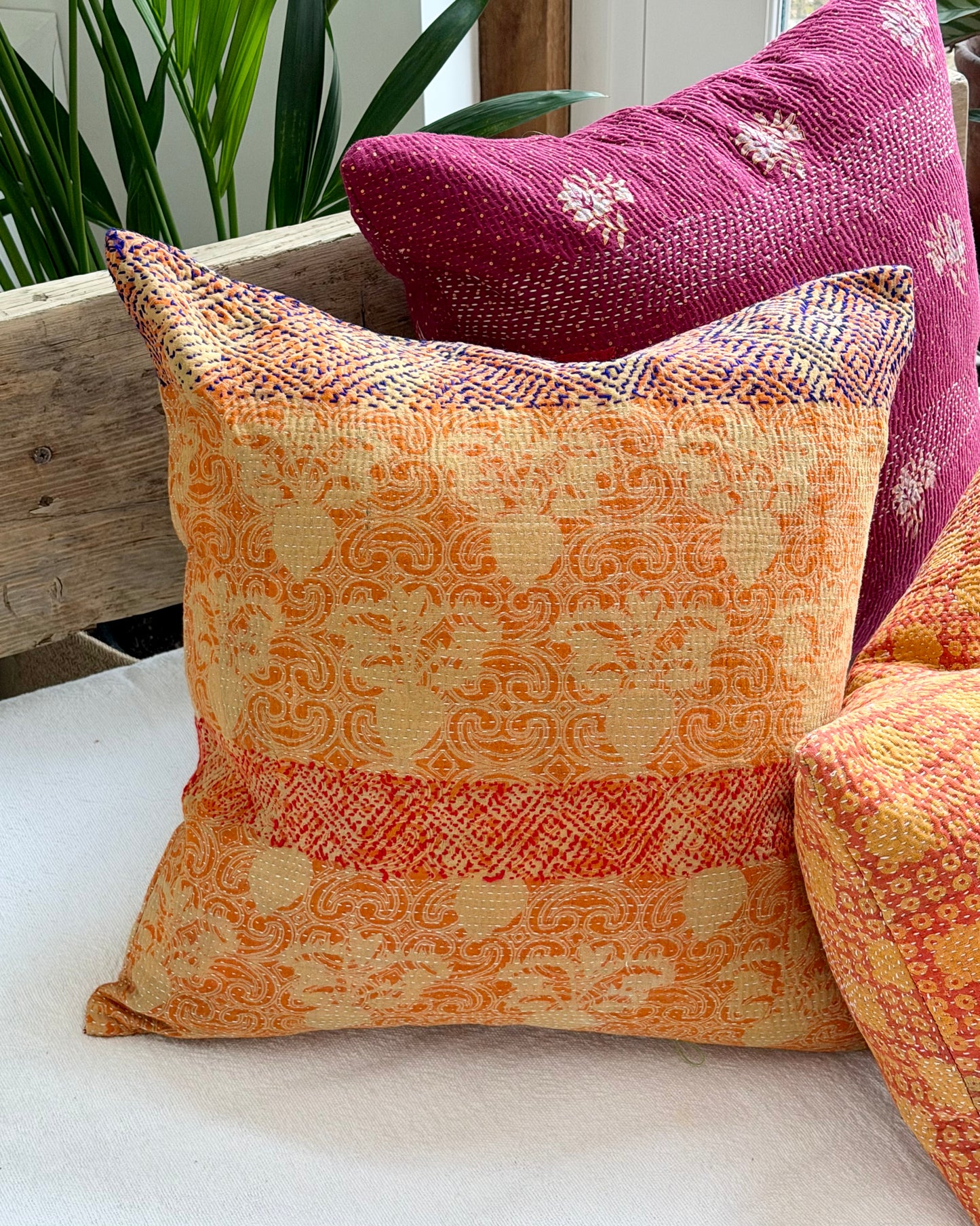 Vintage Kantha Cushion In Floral Orange - 45cm Square