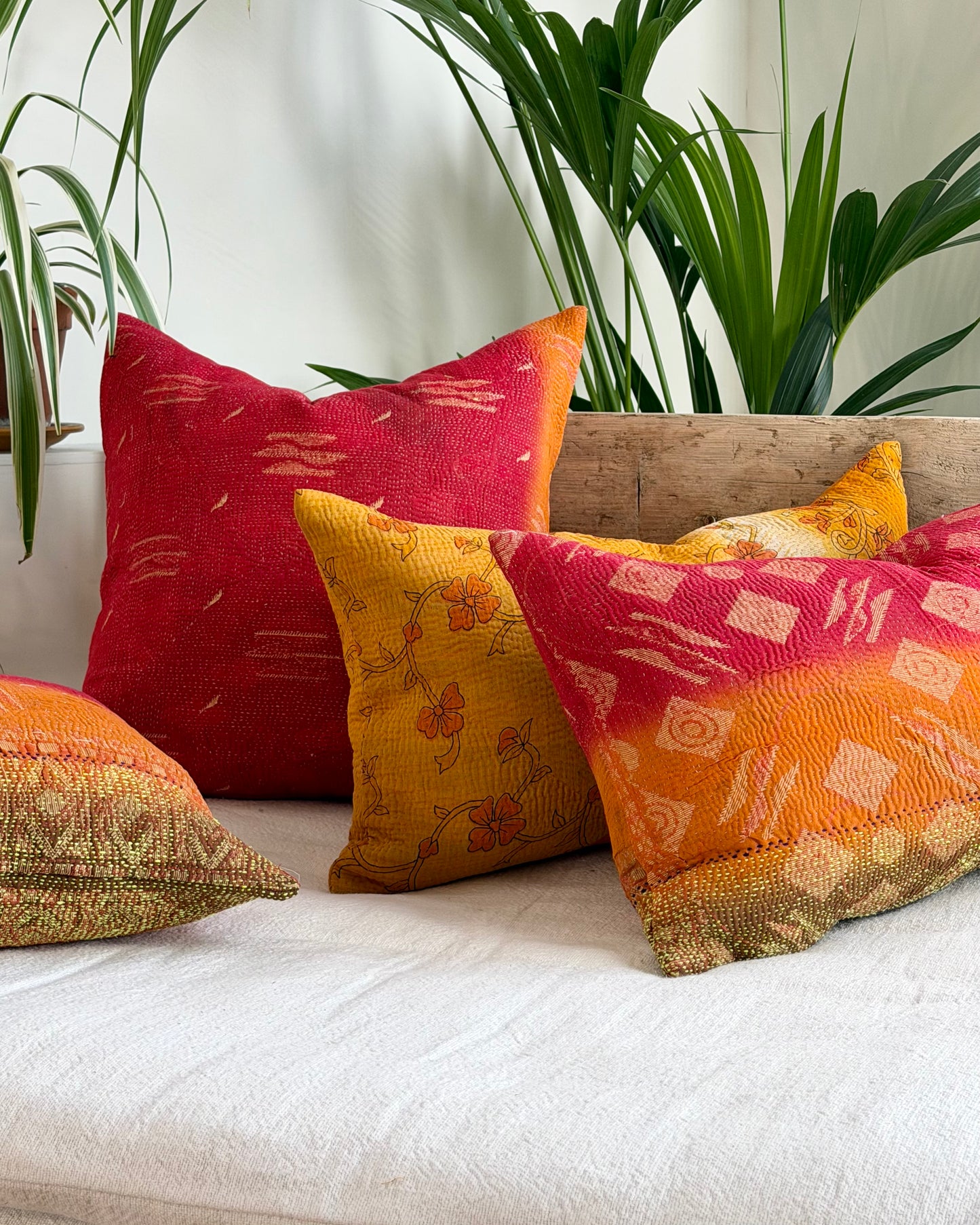Vintage Kantha Cushion In Red Orange and Green - Small Rectangular