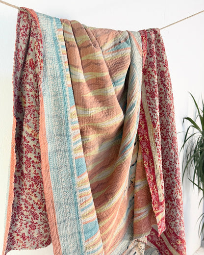 Project Kantha Quilt: Peachy Pink and Blue Geometrics - Biggs & Hill