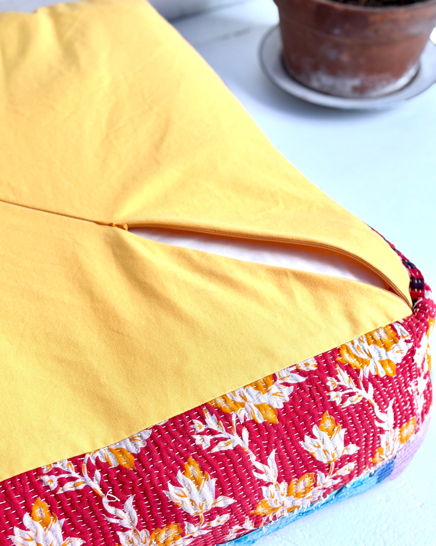 Large Square Kantha Floor Cushion Cover In Blue and Yellow