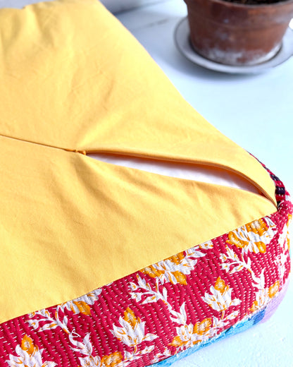 Large Square Kantha Floor Cushion Cover In Blue and Yellow