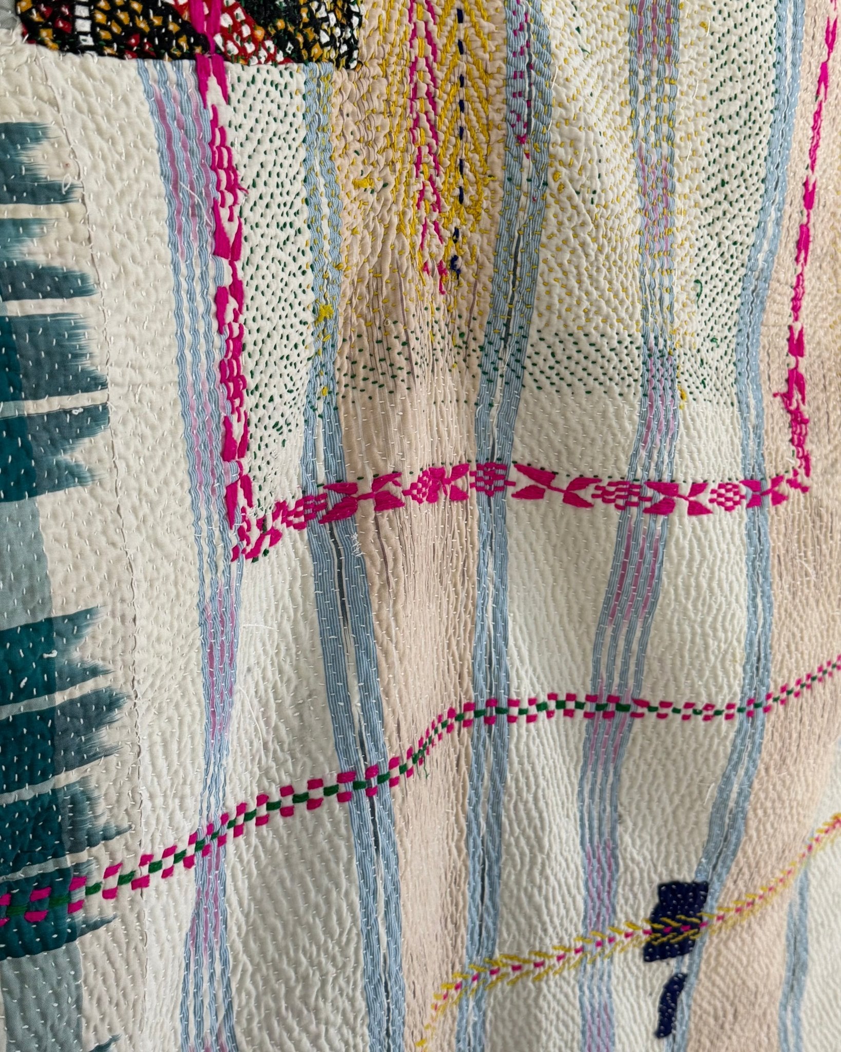 Heavy Fine Stitched Embroidered Vintage Kantha Quilt in Yellow, Pink and Blue - Biggs & Hill