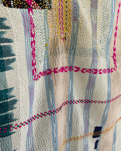 Heavy Fine Stitched Embroidered Vintage Kantha Quilt in Yellow, Pink and Blue - Biggs & Hill