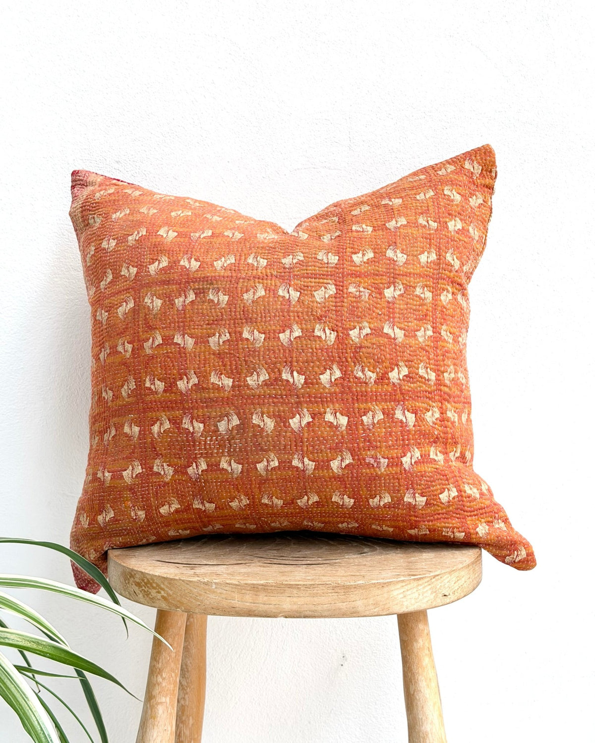 Handmade Vintage Kantha Cushion Cover In Orange and Pink - 45cm (18") Square - Biggs & Hill