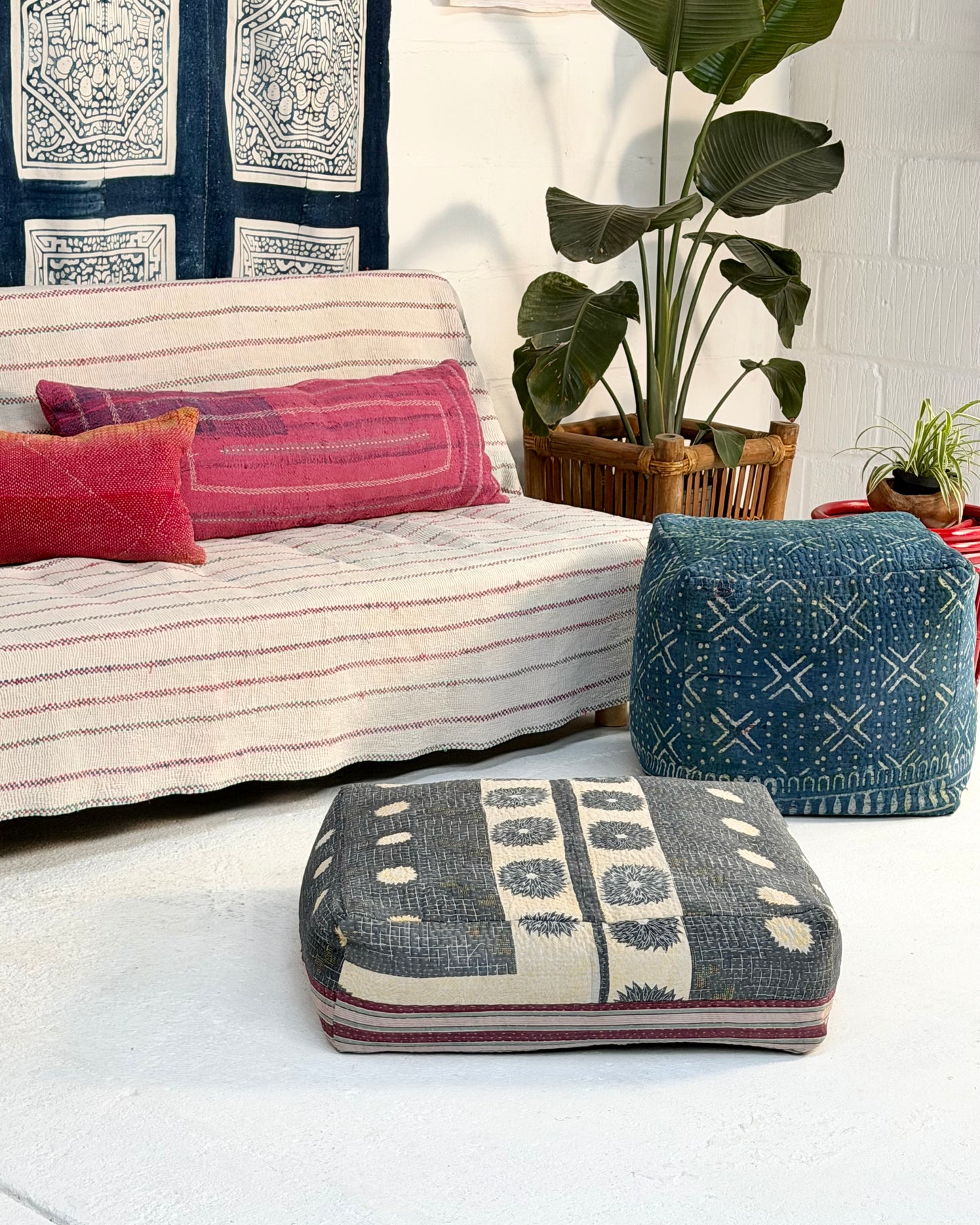 Large Square Kantha Floor Cushion Cover In Blue and Purple Stripe