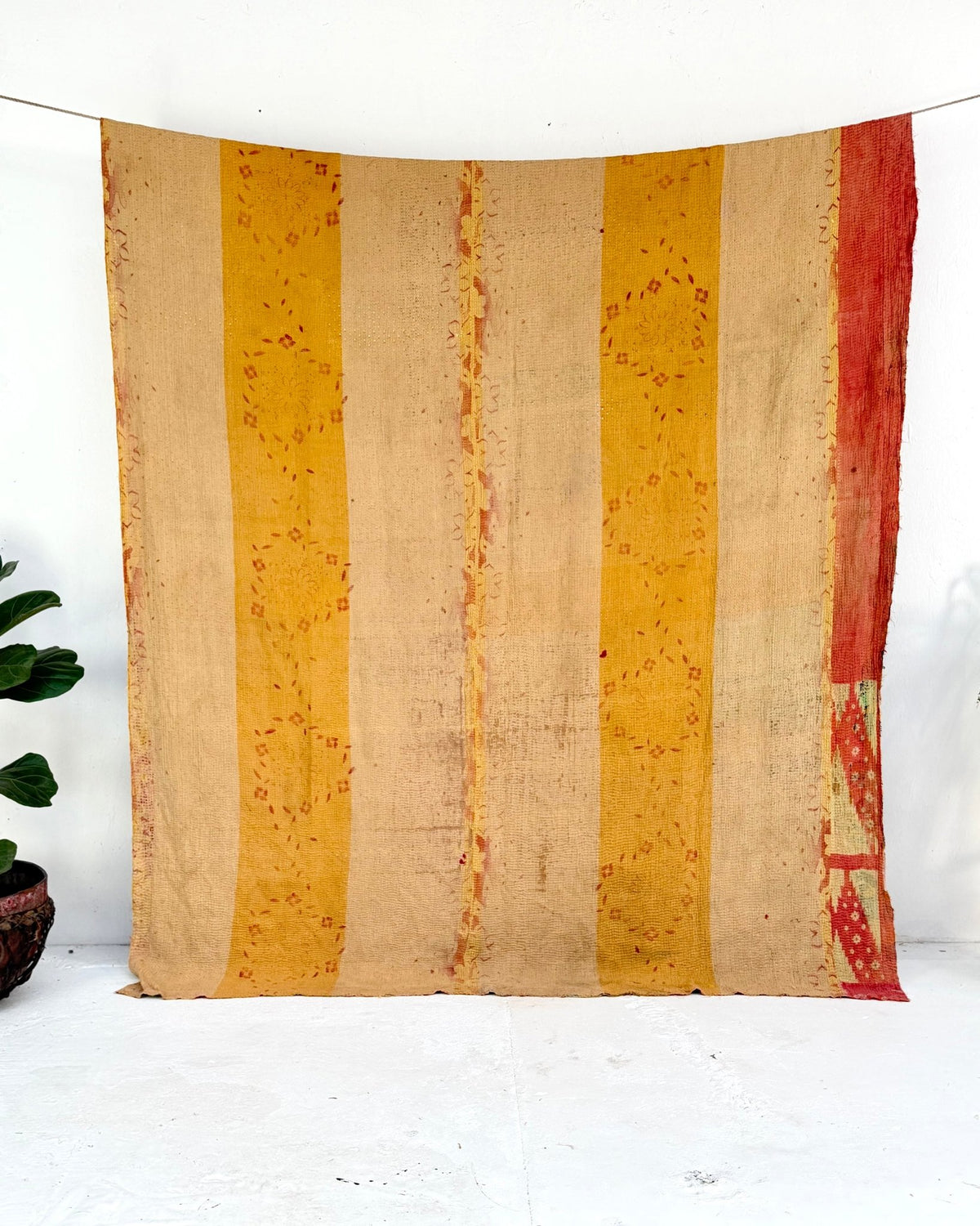 Extra Large Fine Stitched Vintage Kantha Quilt in Red and Yellow - Biggs & Hill