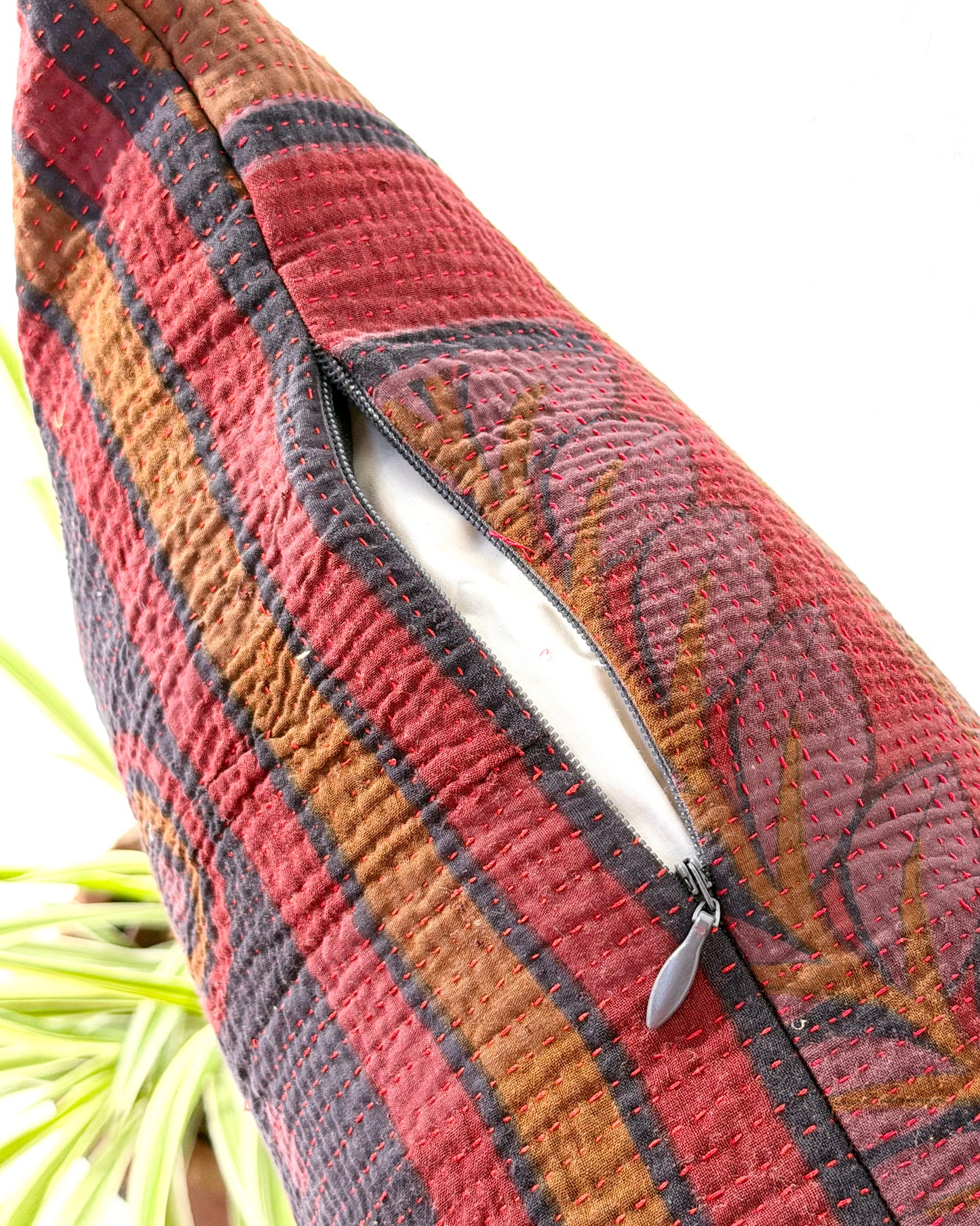 Vintage Kantha Bolster Cushion Cover In Deep Burgundy - 80cm