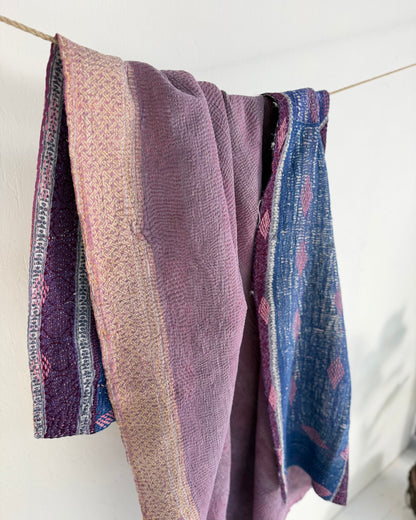 Heavy Fine Stitched Embroidered Vintage Kantha Quilt in Blue and Pink