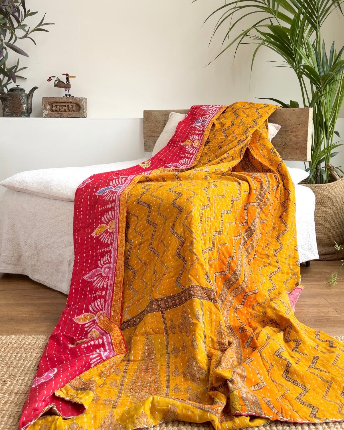 Vintage Cotton Kantha Quilt In Yellow and Red #43