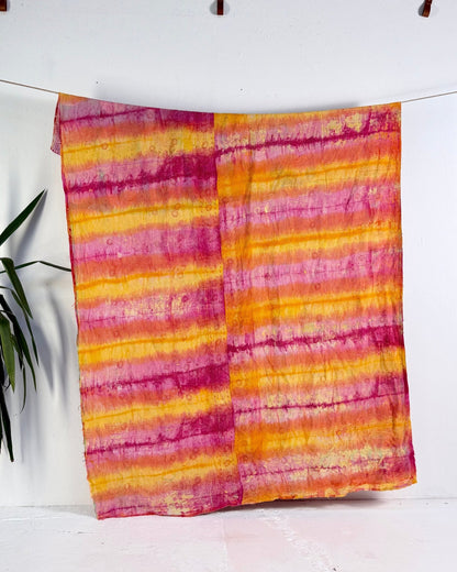 Large Fine Stitched Vintage Kantha Quilt in Pink and Yellow - [BED Pictures] - Biggs & Hill