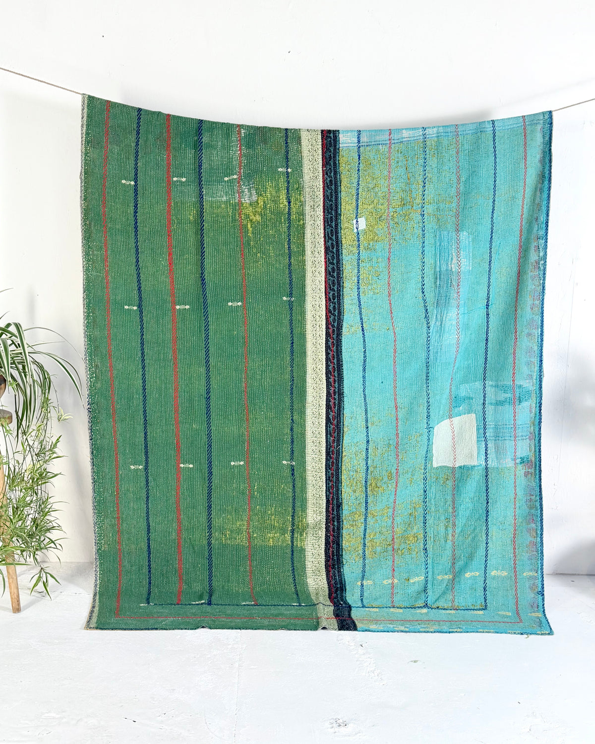 Extra Large Fine Stitched Embroidered Vintage Kantha Quilt in Green, Blue and Terracotta