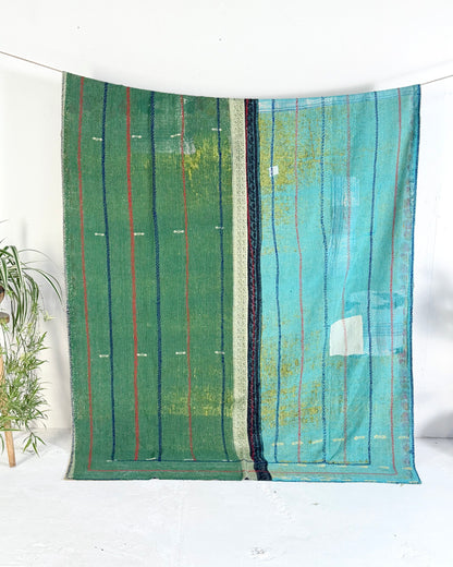 Extra Large Fine Stitched Embroidered Vintage Kantha Quilt in Green, Blue and Terracotta