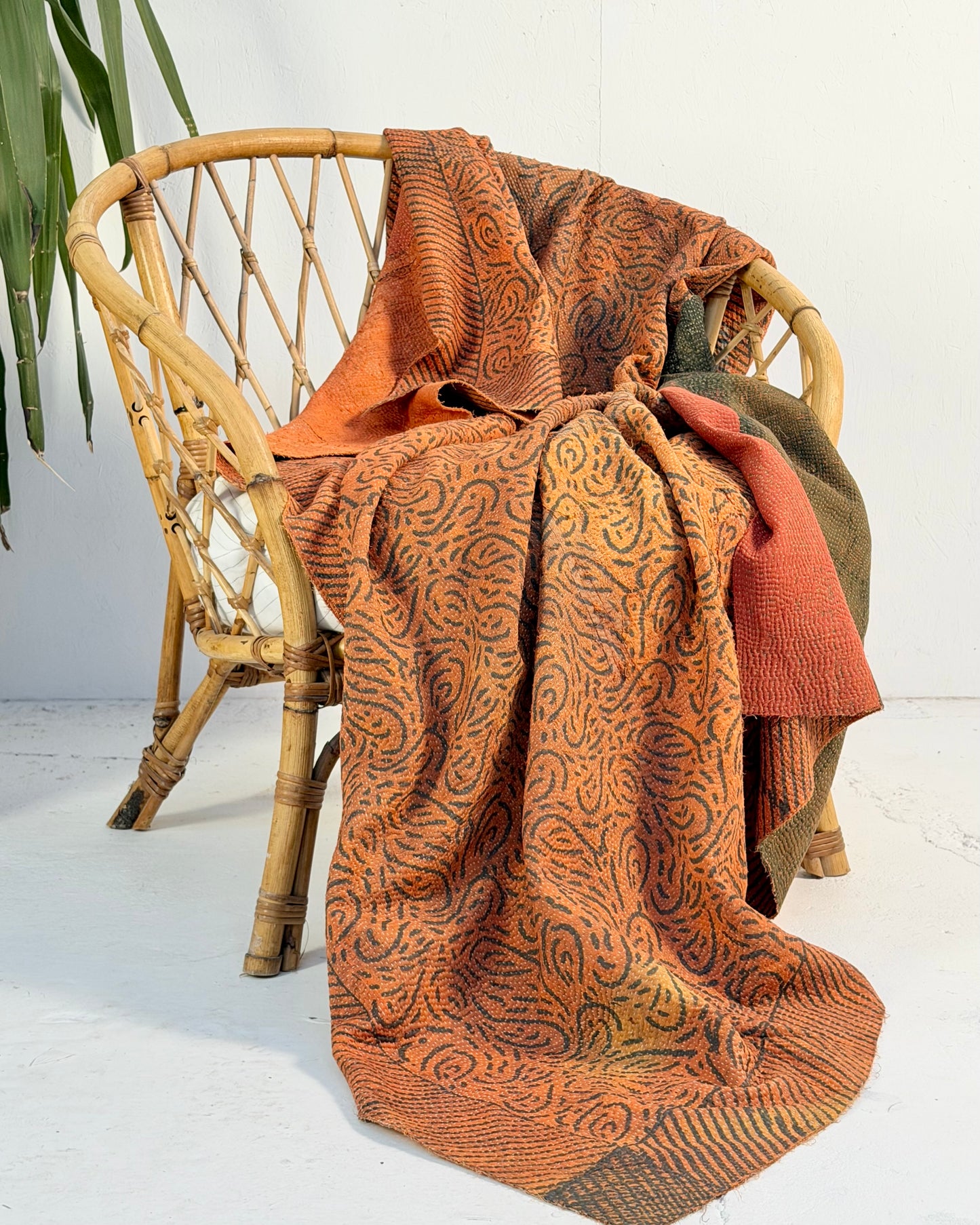 Ajrakh Printed Vintage Kantha Quilt In Orange And Green