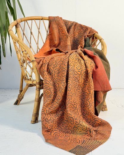 Ajrakh Printed Vintage Kantha Quilt In Orange And Green