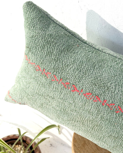 Vintage Kantha Bolster Cushion Cover In Green with Orange Embroidery - 100cm