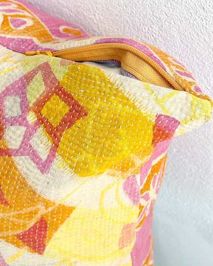 Handmade Reversible Vintage Kantha Cushion Cover In Pink and Yellow- 45cm (18") - Biggs & Hill