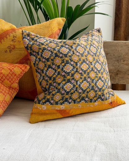Vintage Kantha Cushion In Yellow and Blue - 45cm Square