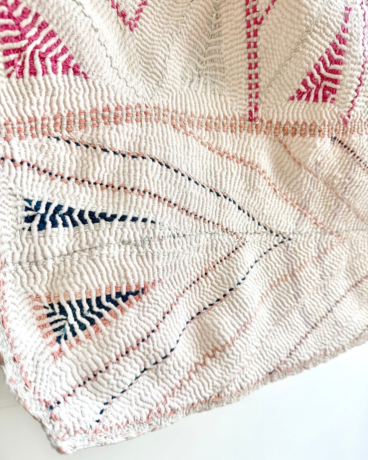 Large Antique Hand Embroidered White Nakshi Kantha From Bengal - Biggs & Hill