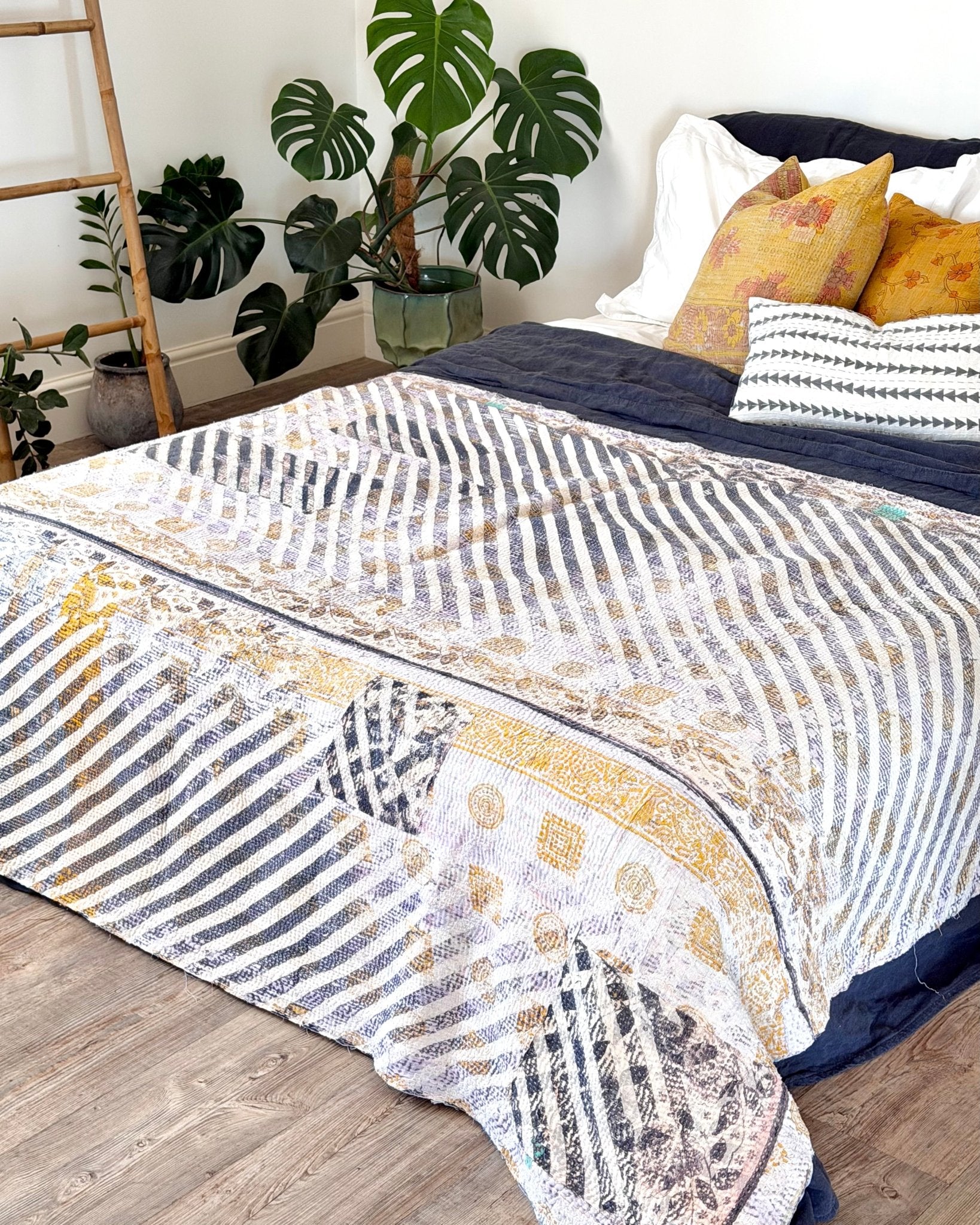 Textured Vintage Kantha Quilt in Pastel Floral with Grey Stripes - Biggs & Hill